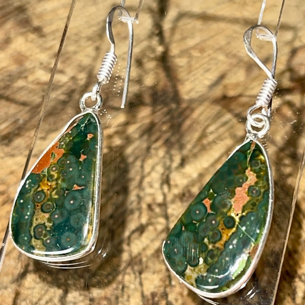 Green Rainforest Jasper Rhyolite Earrings 1 1/2”